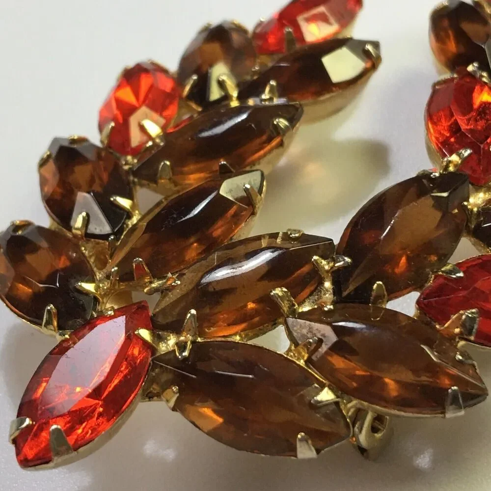 Vintage Glass Rhinestone Brooch Brown Topaz Color & Orange Navettes